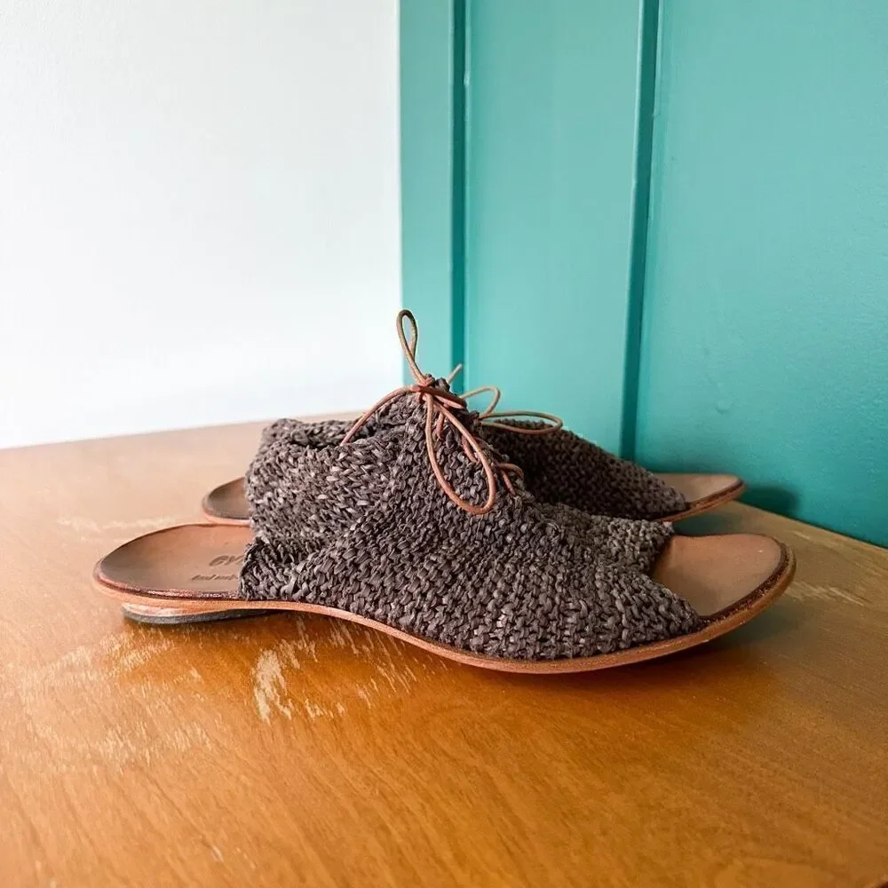 CYDWOQ Vintage Women’s Grey Taupe Woven Lace Up Leather Sole Sandal